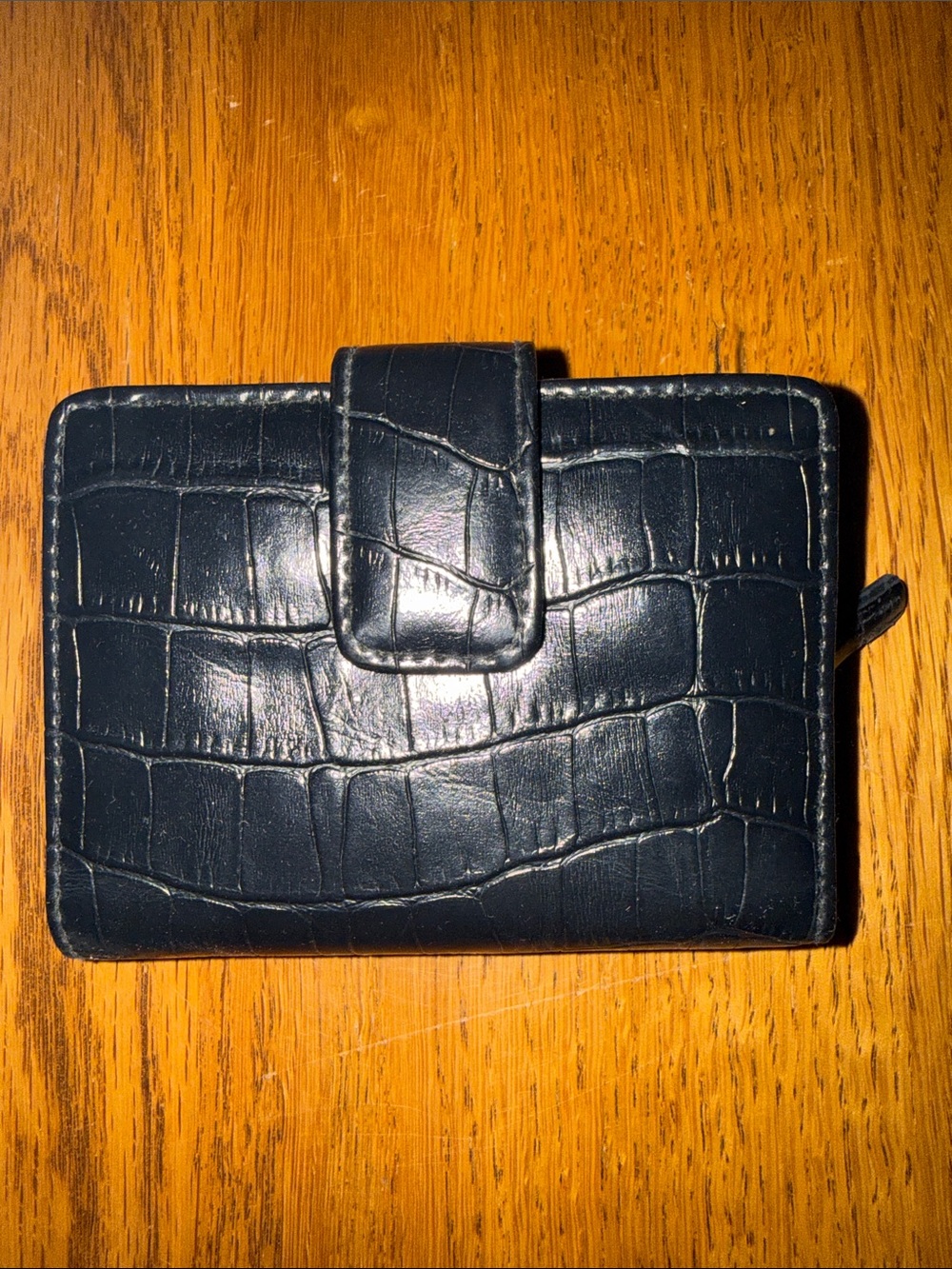 Croc-Embossed Black Leather Snap Wallet